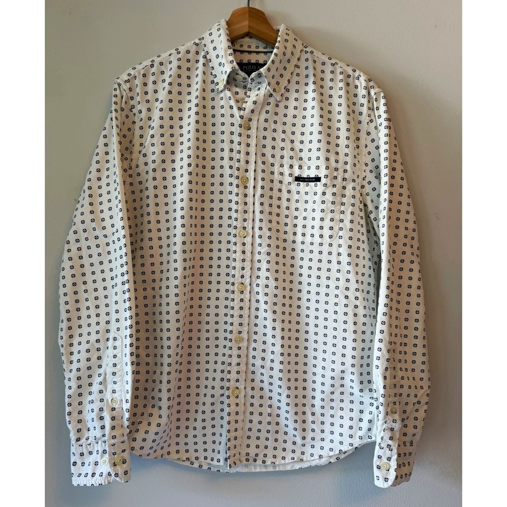 U.S. Polo Assn. Mens S White/Blue Geometric Long Sleeve Cotton Button Up, Preppy
